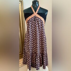 O’Neill Brown Floral Halter Mini Dress Ruffle Hem Boho Festival Size Small